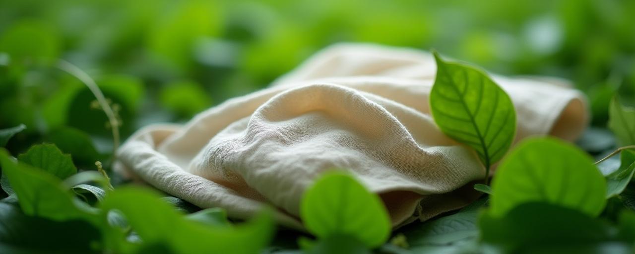 Un pezzo di tessuto grezzo appoggiato su un letto di foglie verdi, a simboleggiare la natura.