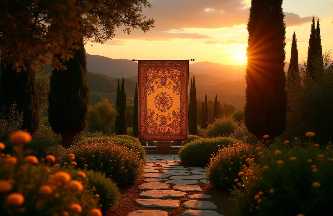 Un elegante arazzo appeso in un rigoglioso giardino toscano al tramonto.
